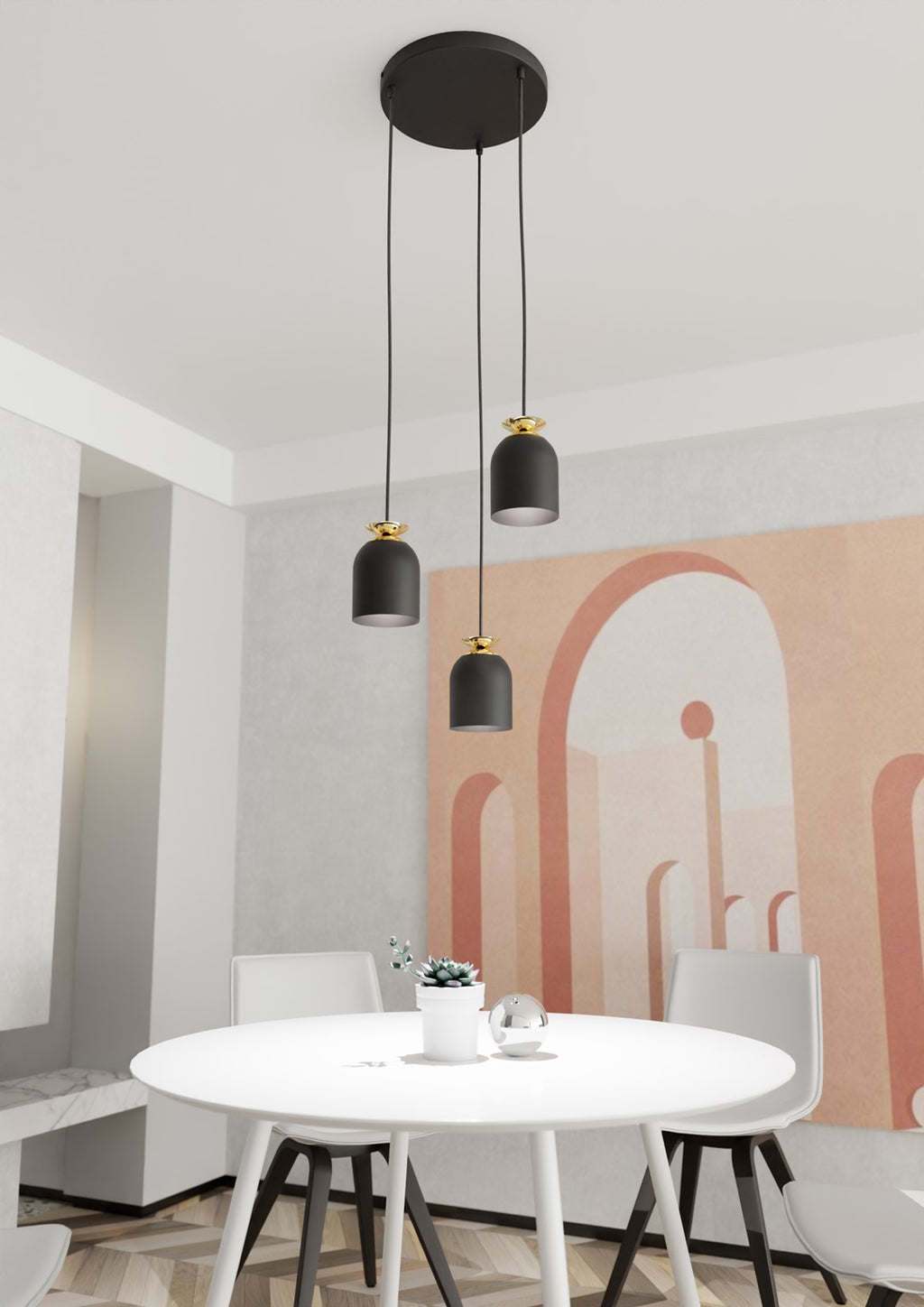 Target 3-Lichts Hanglamp – Industrieel Zwart met Gouden Accenten (140x30 cm)
