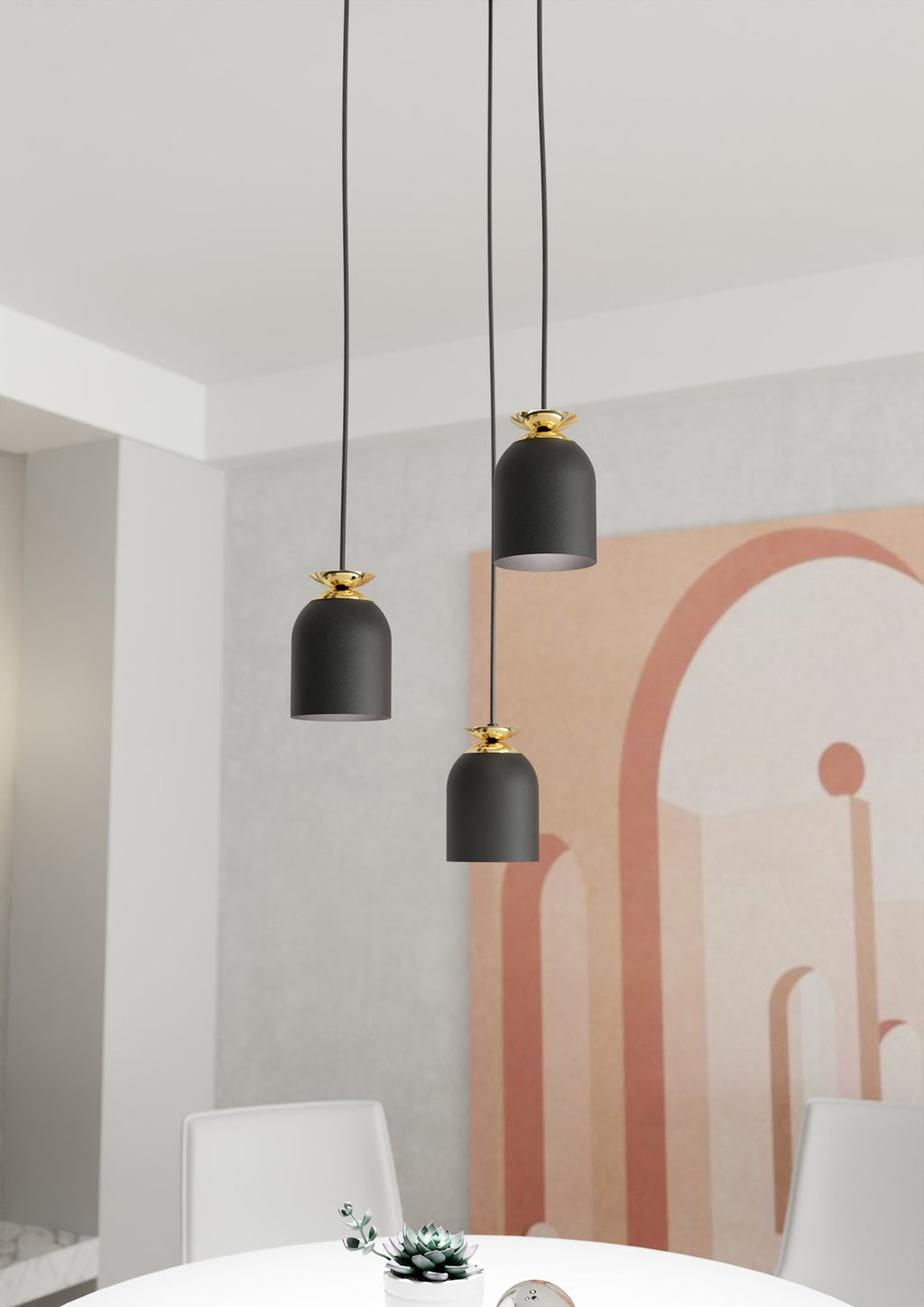Target 3-Lichts Hanglamp – Industrieel Zwart met Gouden Accenten (140x30 cm)
