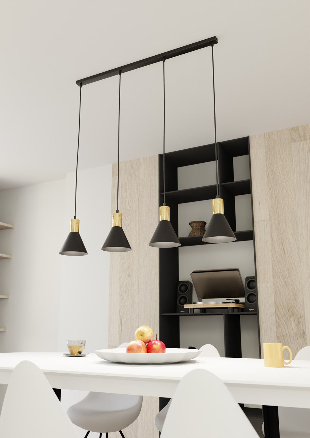 Rosa 4-Lichts Conische Hanglamp – Matzwart &amp; Goud (140 cm)