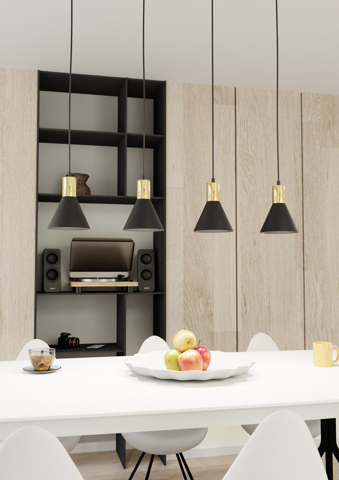 Rosa 4-Lichts Conische Hanglamp – Matzwart &amp; Goud (140 cm)