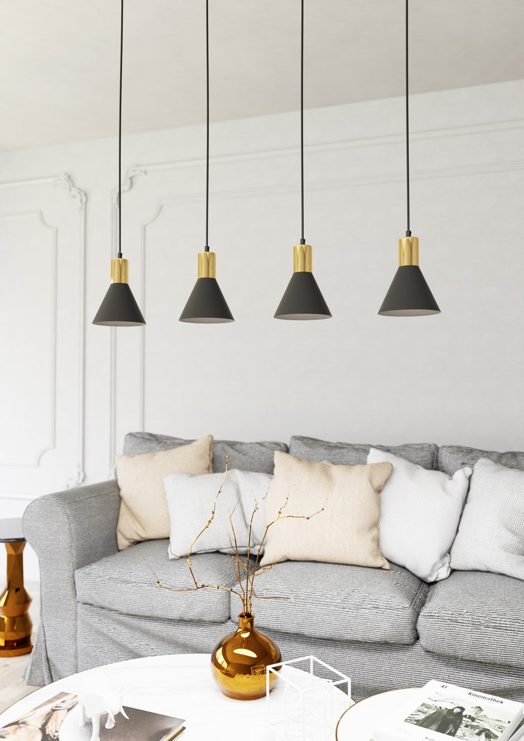 Rosa 4-Lichts Conische Hanglamp – Matzwart &amp; Goud (140 cm)