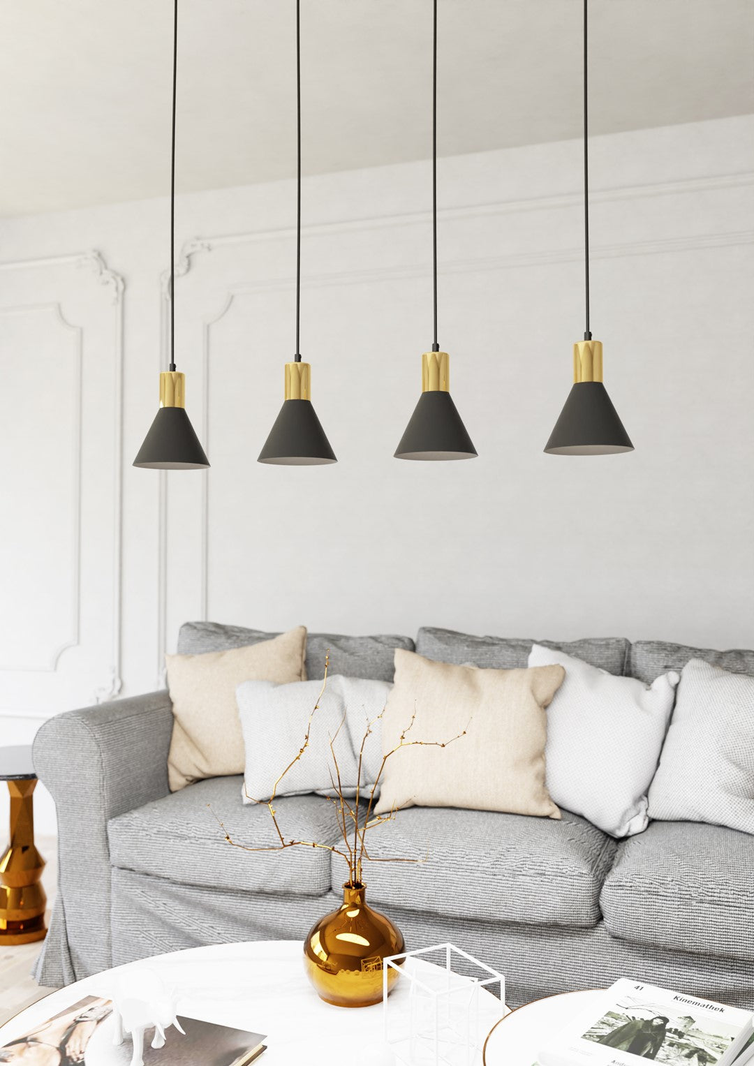 Rosa 4-Lichts Conische Hanglamp – Matzwart &amp; Goud (140 cm)