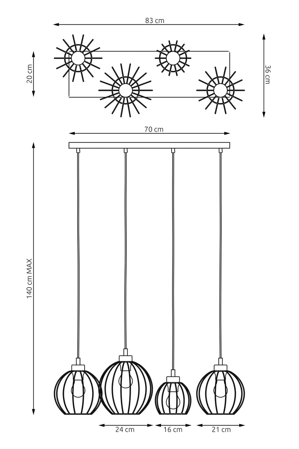 NANDO 4-Lichts Hanglamp met Gouden Accenten – Zwart / Goud