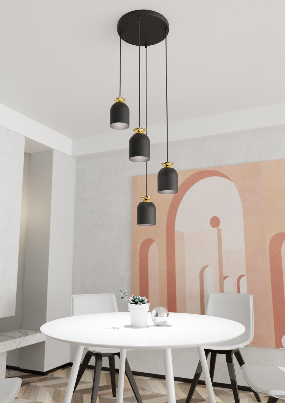 Target Industriële Hanglamp met Gouden Accenten – Mat Zwart (4-Lichts)