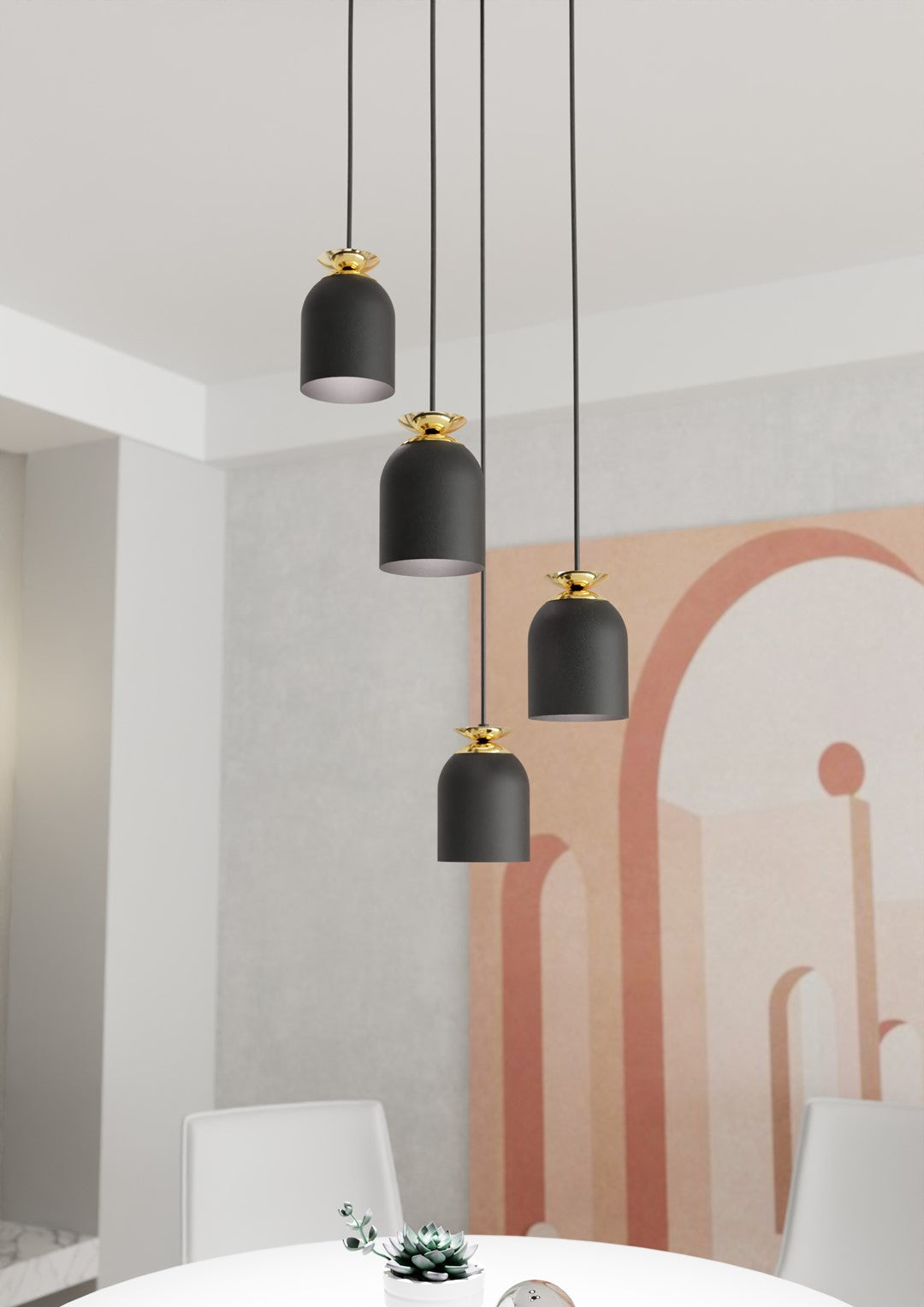 Target Industriële Hanglamp met Gouden Accenten – Mat Zwart (4-Lichts)