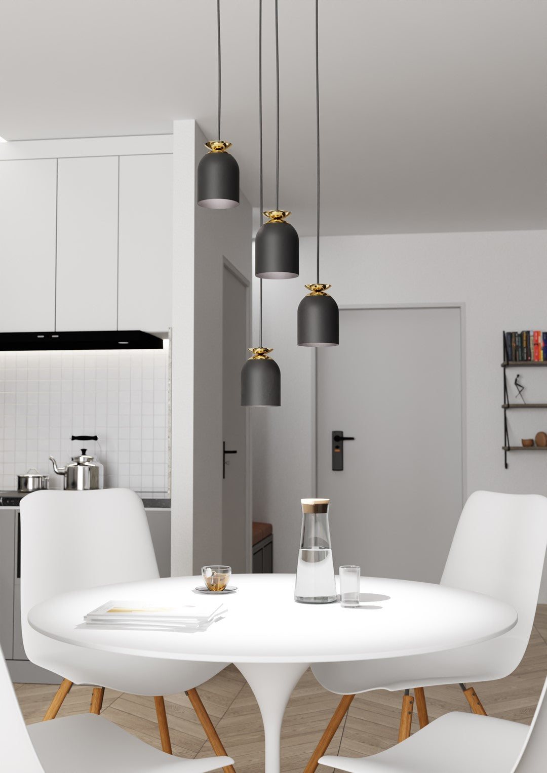 Target Industriële Hanglamp met Gouden Accenten – Mat Zwart (4-Lichts)