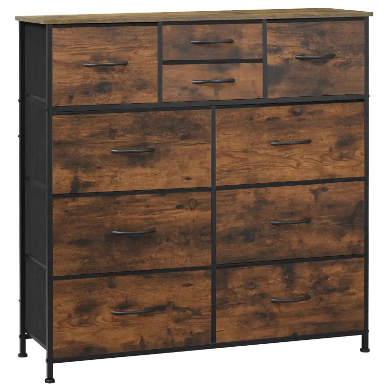 Ladekast met 10 Stoffen Lades - Hout/Metaal/Non-woven Stof - 100x100x30 cm - Vintage Industrieel Ontwerp - Rustiek Bruin/Zwart