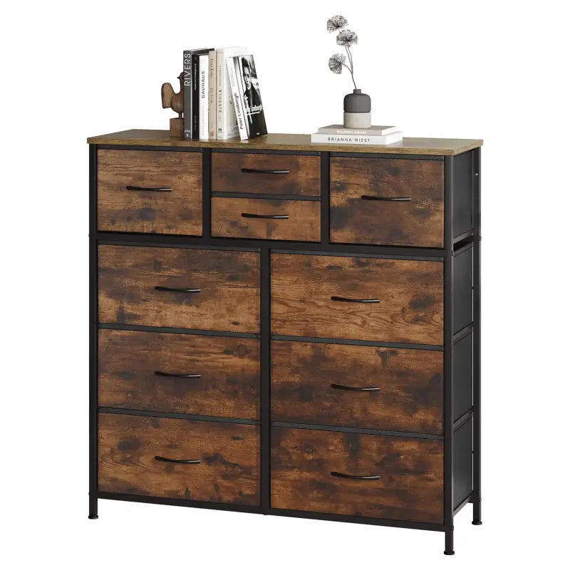 Ladekast met 10 Stoffen Lades - Hout/Metaal/Non-woven Stof - 100x100x30 cm - Vintage Industrieel Ontwerp - Rustiek Bruin/Zwart