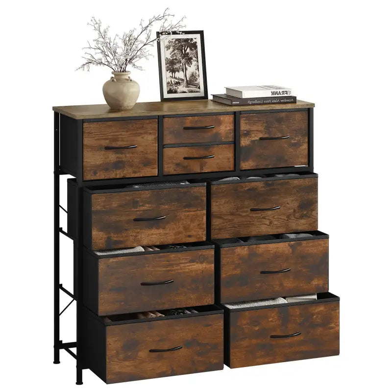 Ladekast met 10 Stoffen Lades - Hout/Metaal/Non-woven Stof - 100x100x30 cm - Vintage Industrieel Ontwerp - Rustiek Bruin/Zwart