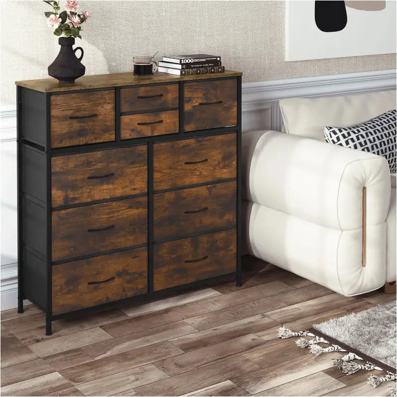 Ladekast met 10 Stoffen Lades - Hout/Metaal/Non-woven Stof - 100x100x30 cm - Vintage Industrieel Ontwerp - Rustiek Bruin/Zwart