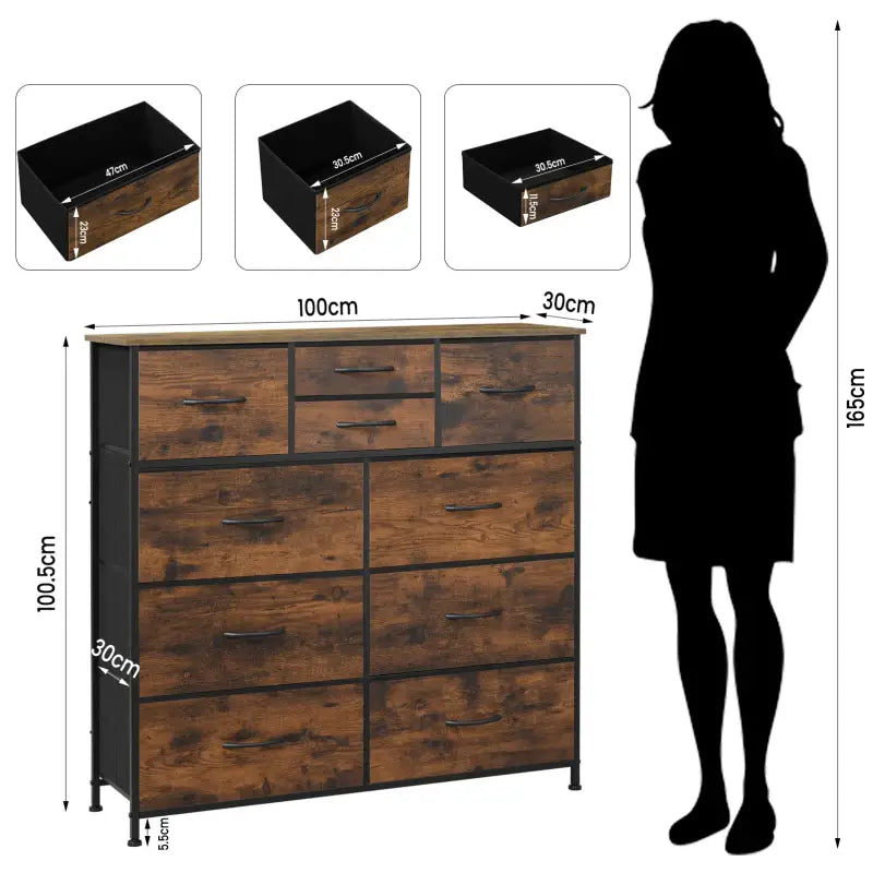 Ladekast met 10 Stoffen Lades - Hout/Metaal/Non-woven Stof - 100x100x30 cm - Vintage Industrieel Ontwerp - Rustiek Bruin/Zwart