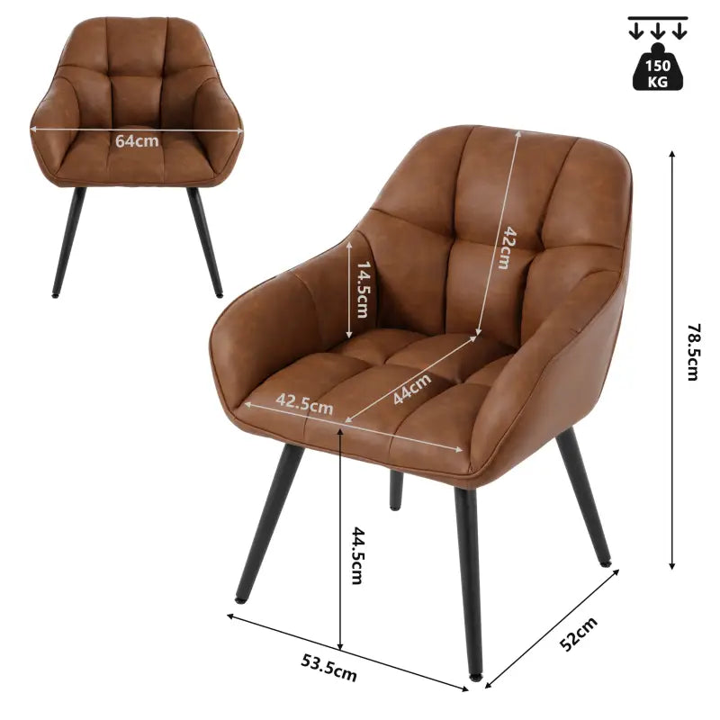 Vintage Fauteuil/Eetkamerstoel met Armleuningen - Imitatieleer/Metaal/Schuim - Comfortabele Kuipstoel - 150 kg Draagvermogen - Bruin