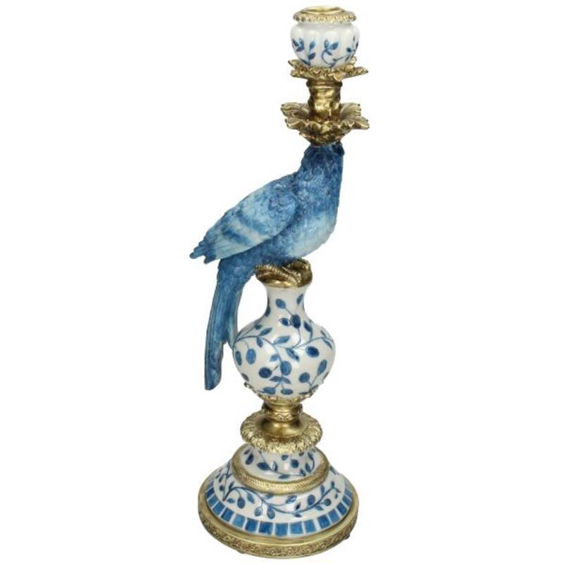 Decoratieve Papegaai Kandelaar | Blauw Handgeschilderd (40 cm)