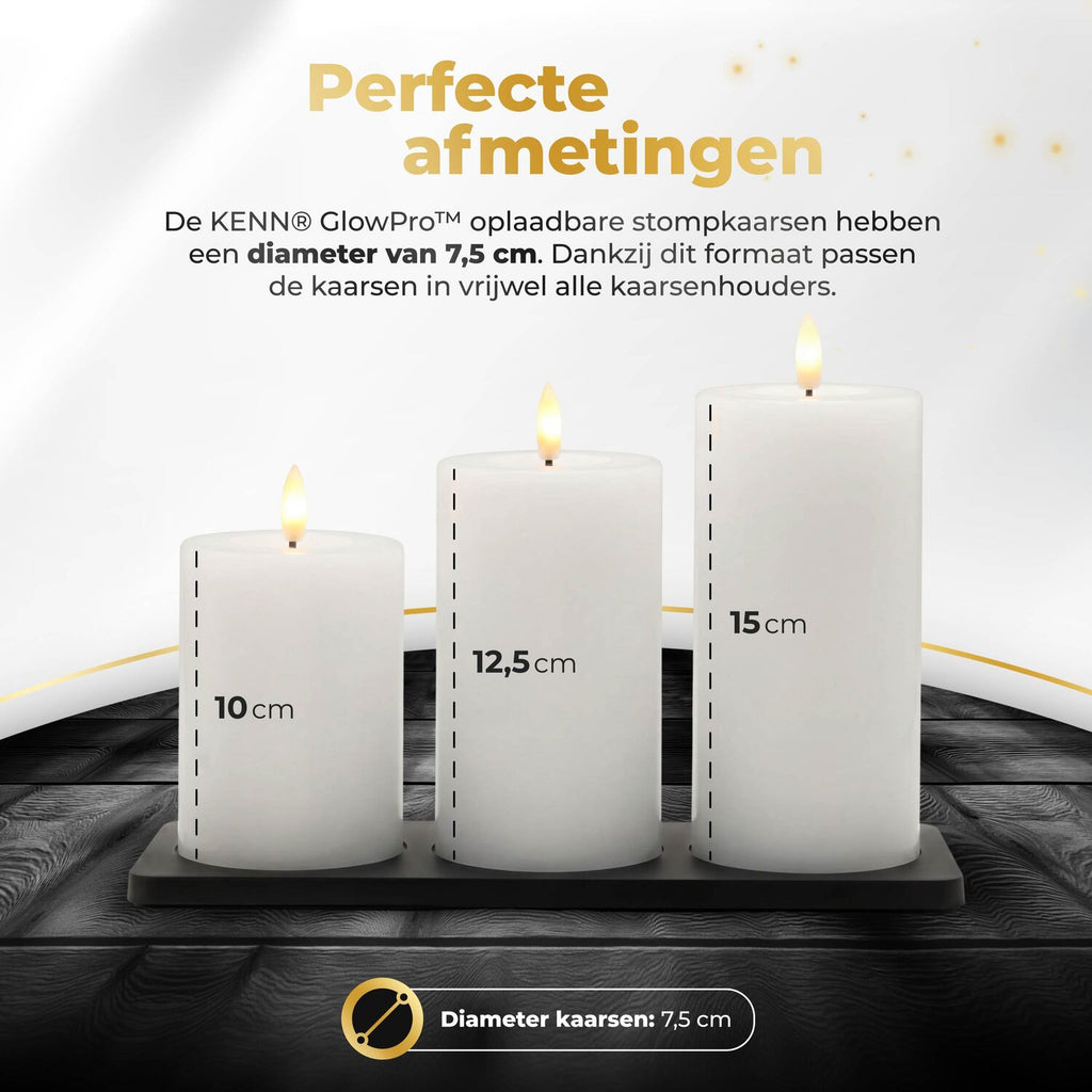 KENN® GlowPro™ Oplaadbare Stompkaarsen - Set van 3 - Wit - Tot 400 Branduren