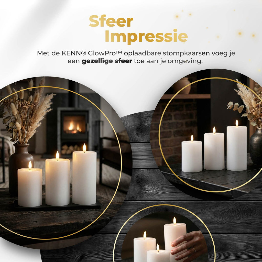 KENN® GlowPro™ Oplaadbare Stompkaarsen - Set van 3 - Wit - Tot 400 Branduren