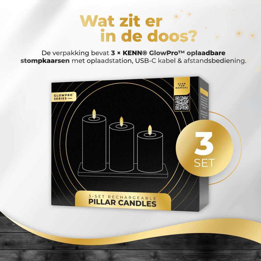 KENN® GlowPro™ Oplaadbare Stompkaarsen - Set van 3 - Wit - Tot 400 Branduren