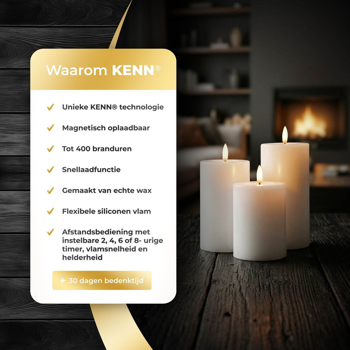 KENN® GlowPro™ Oplaadbare Stompkaarsen - Set van 3 - Wit - Tot 400 Branduren