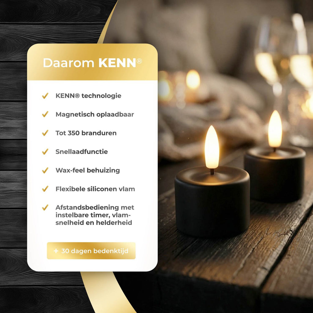 KENN® GlowPro™ Oplaadbare Waxinelichtjes - Set van 12 - Zwart - Tot 350 Branduren