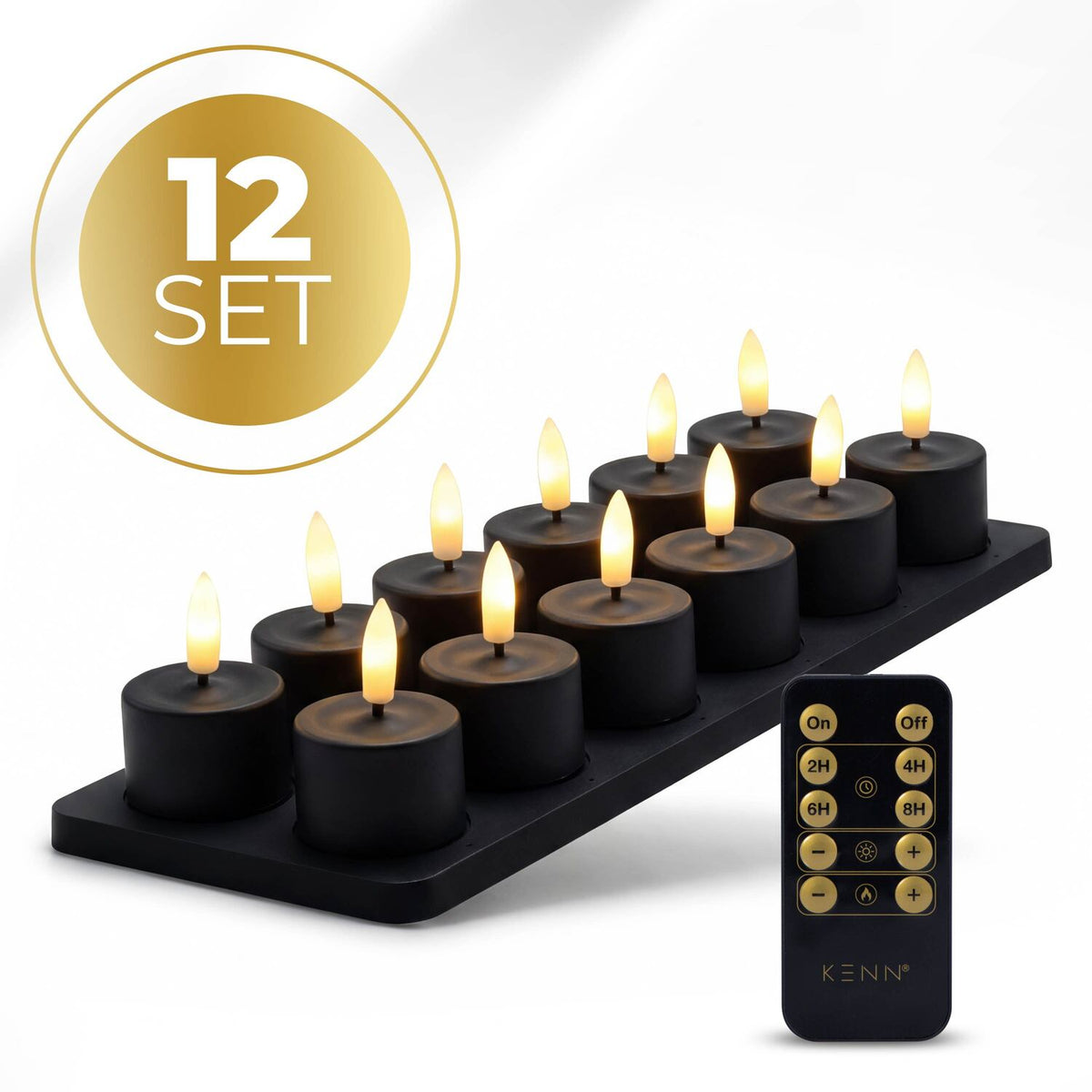 KENN® GlowPro™ Oplaadbare Waxinelichtjes - Set van 12 - Zwart - Tot 350 Branduren