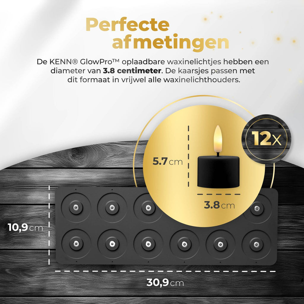 KENN® GlowPro™ Oplaadbare Waxinelichtjes - Set van 12 - Zwart - Tot 350 Branduren