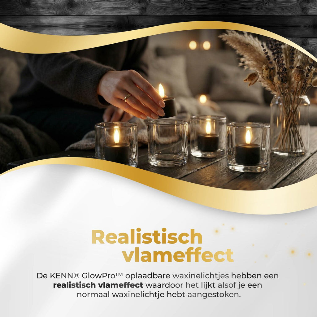 KENN® GlowPro™ Oplaadbare Waxinelichtjes - Set van 12 - Zwart - Tot 350 Branduren