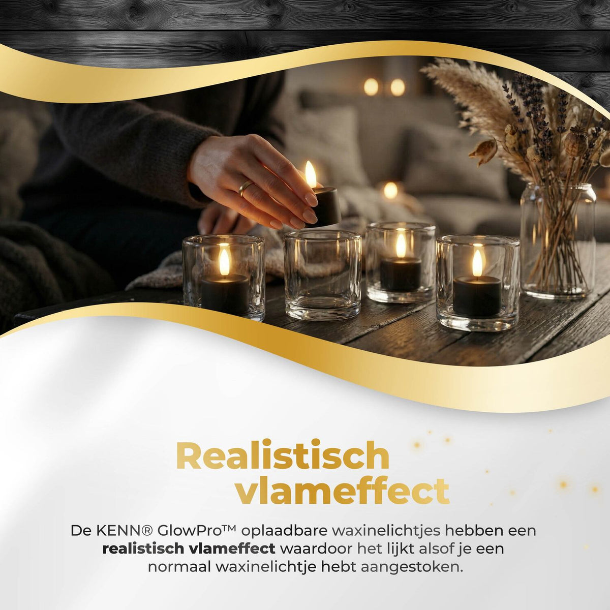 KENN® GlowPro™ Oplaadbare Waxinelichtjes - Set van 12 - Zwart - Tot 350 Branduren