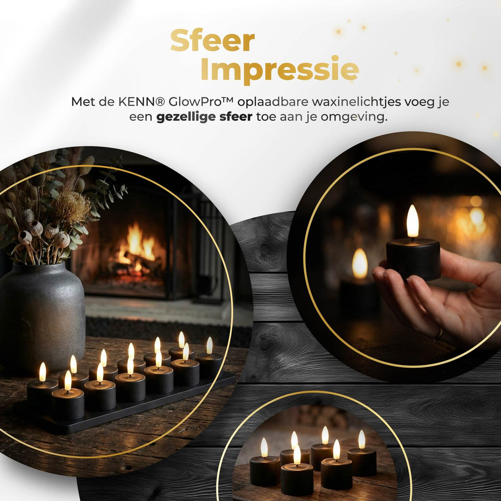 KENN® GlowPro™ Oplaadbare Waxinelichtjes - Set van 12 - Zwart - Tot 350 Branduren