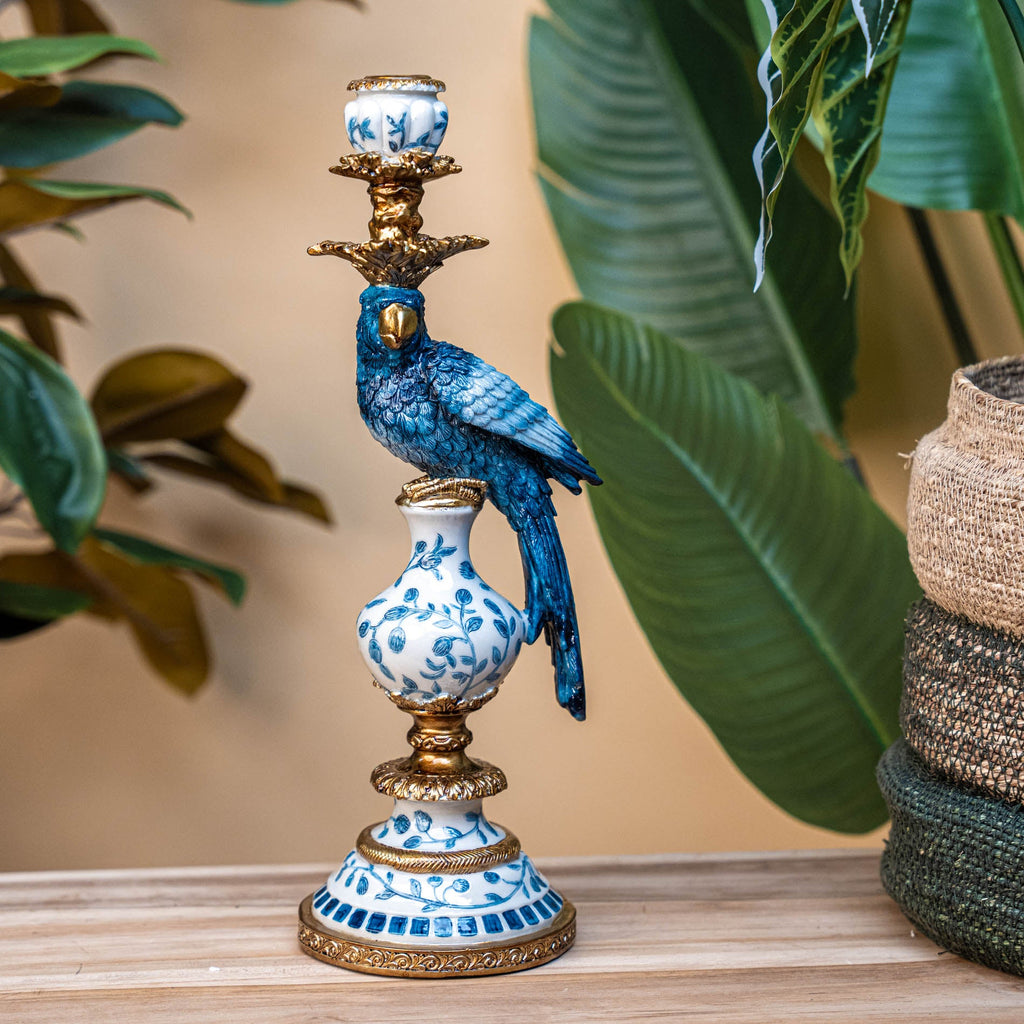 Decoratieve Papegaai Kandelaar | Blauw Handgeschilderd (40 cm)